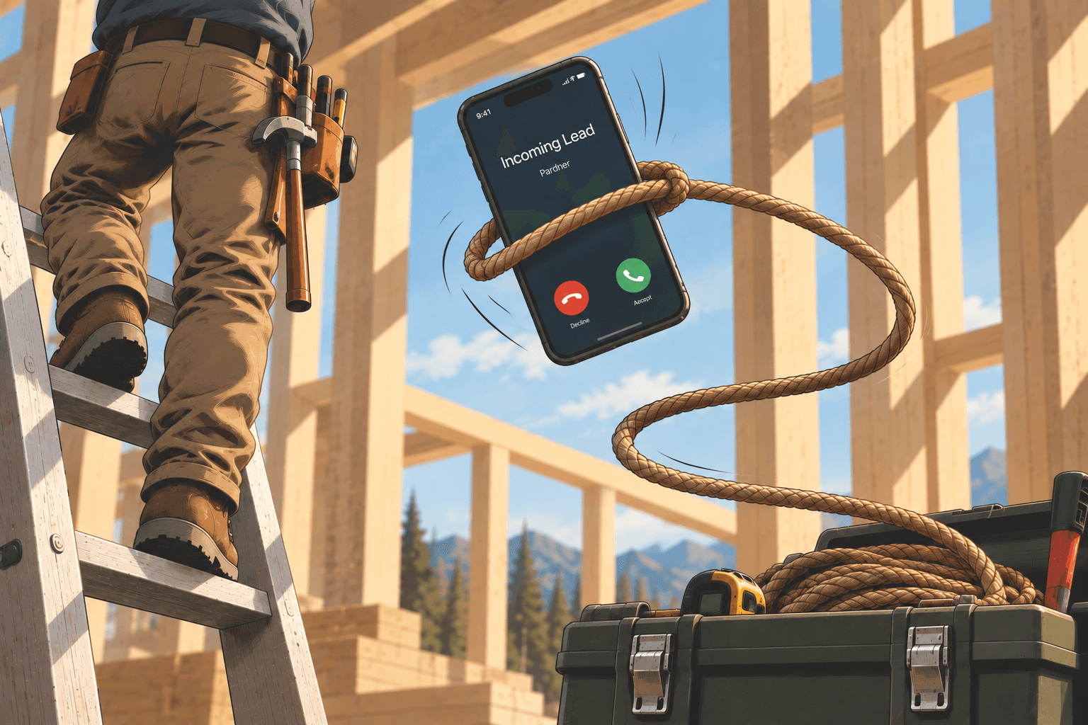 A rope catches a ringing phone beside a contractor working on a ladder.